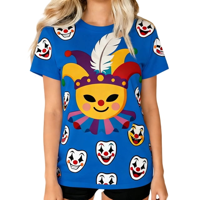 Camiseta de Manga Corta con Cuello de Tripulación de Impresión de Payaso Casual para Fiesta de Carnaval Verano Diario
