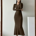 thumbnail image 2 of Fall Dresses for Women Long Sleeve Zip up V Neck Slim Fitted Mermaid Dresses Solid Color Long Dress, 2 of 7