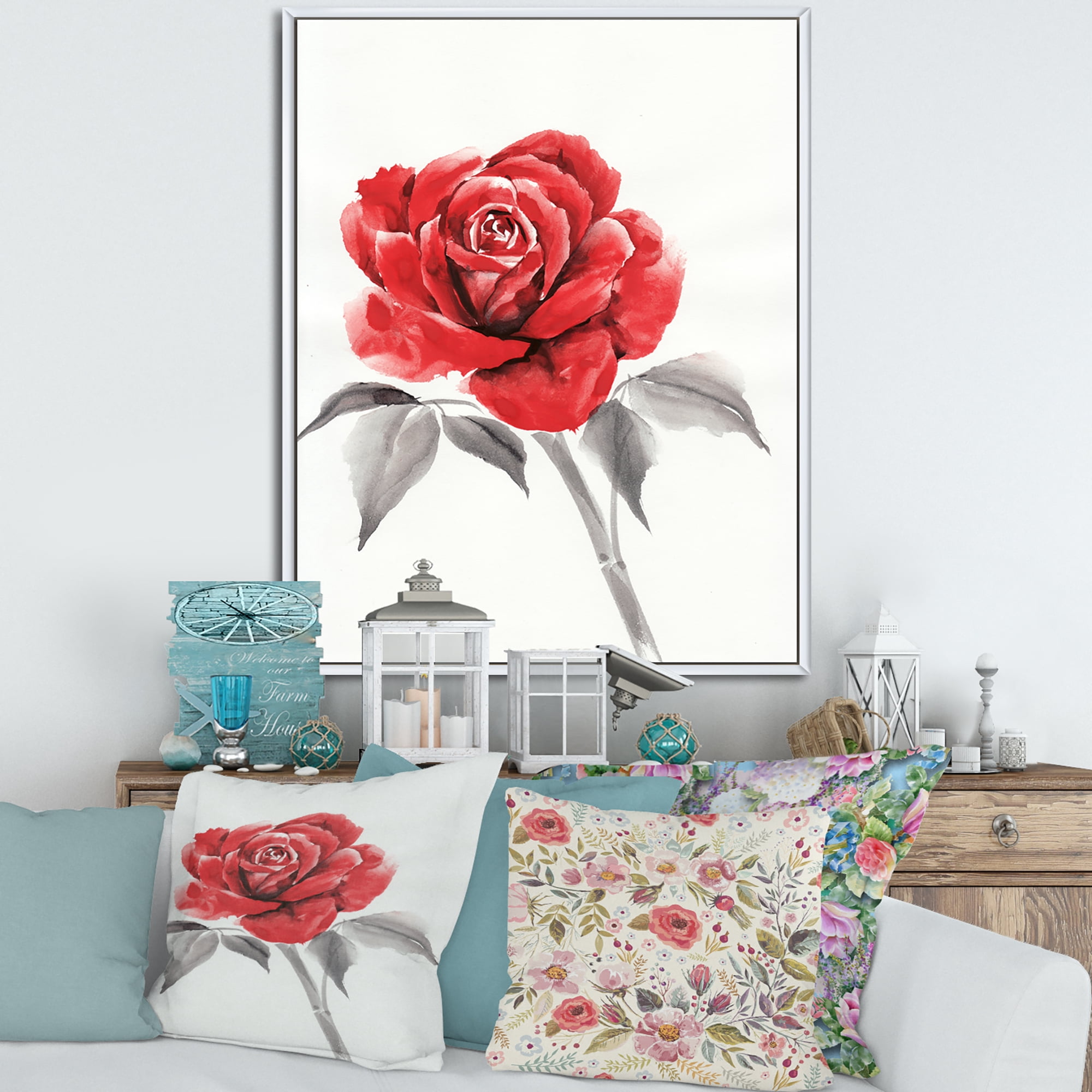 Designart 'Ancient Red Rose Flower I' Traditional Framed Canvas Wall Art Print