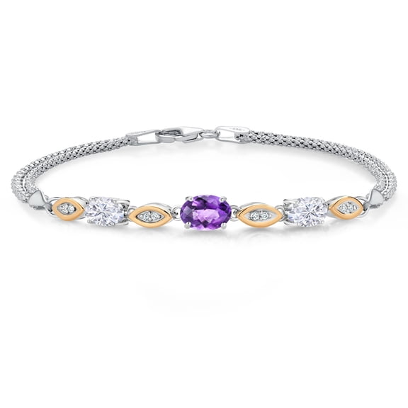 925 Silver and 10K Yellow Gold Purple Amethyst and White Moissanite and White Lab Grown Diamond Bracelet for Women (1.81 Cttw, February Birthstone, Oval Checkerboard, Wheat Chain, 6.5 inches)