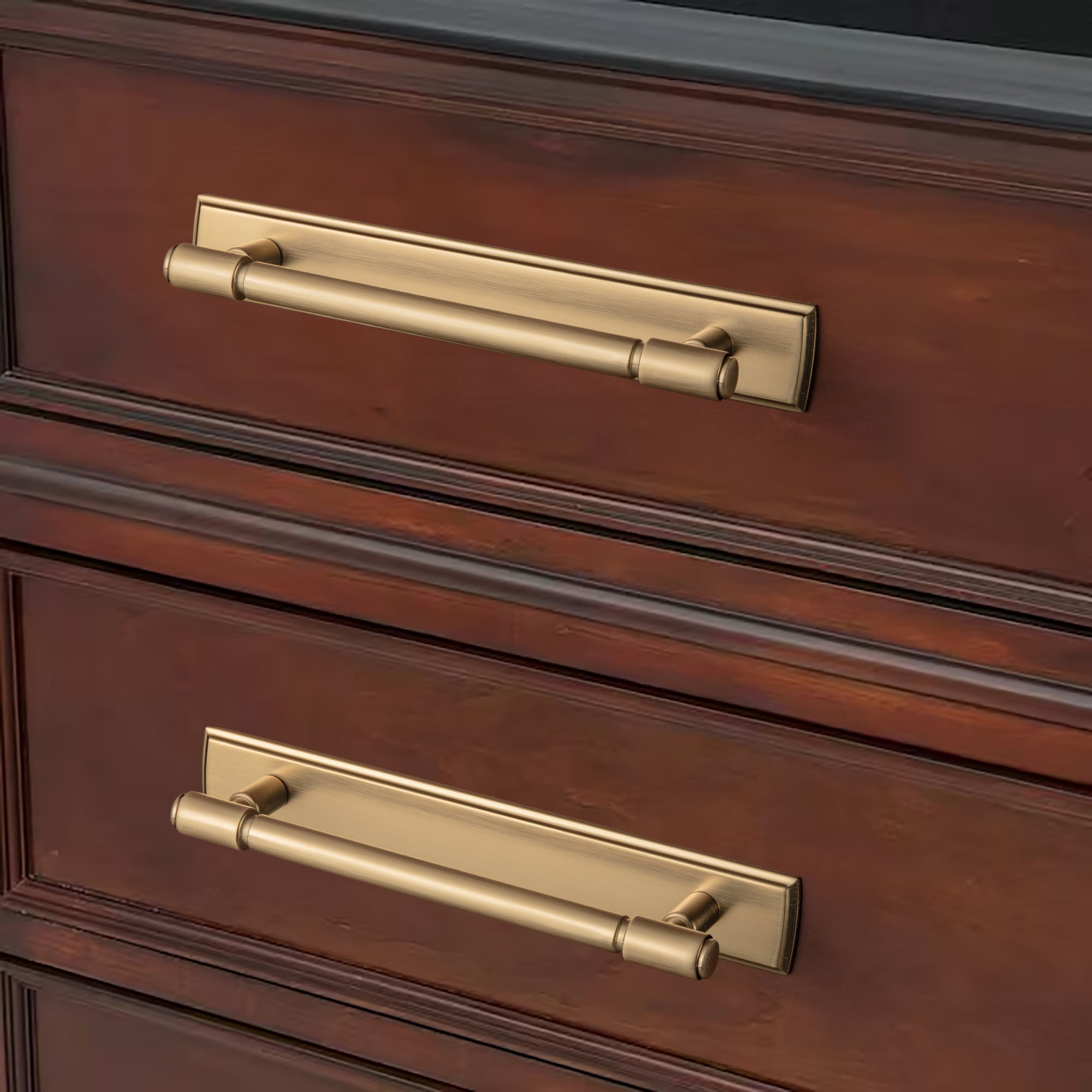 Goo-Ki 4 Pack 5"(128mm) Hole Center Champagne Bronze Kitchen Drawer Pulls with Backplate - Modern Pull Dresser Handles Cabinet Hardware for Bar Cupboard Closet Wardrobe