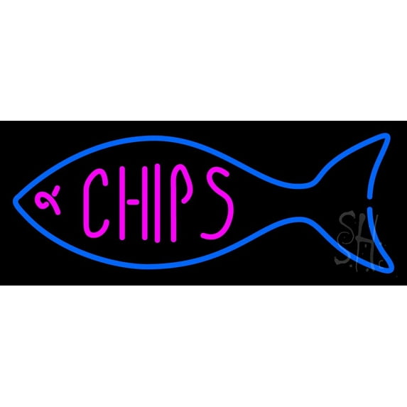Fish Logo Chips LED Neon Sign 13 x 32 - inches, Black Square Cut Acrylic Backing, with Dimmer - Bright and Premium built indoor LED Neon Sign for restaurant window and interior decor.