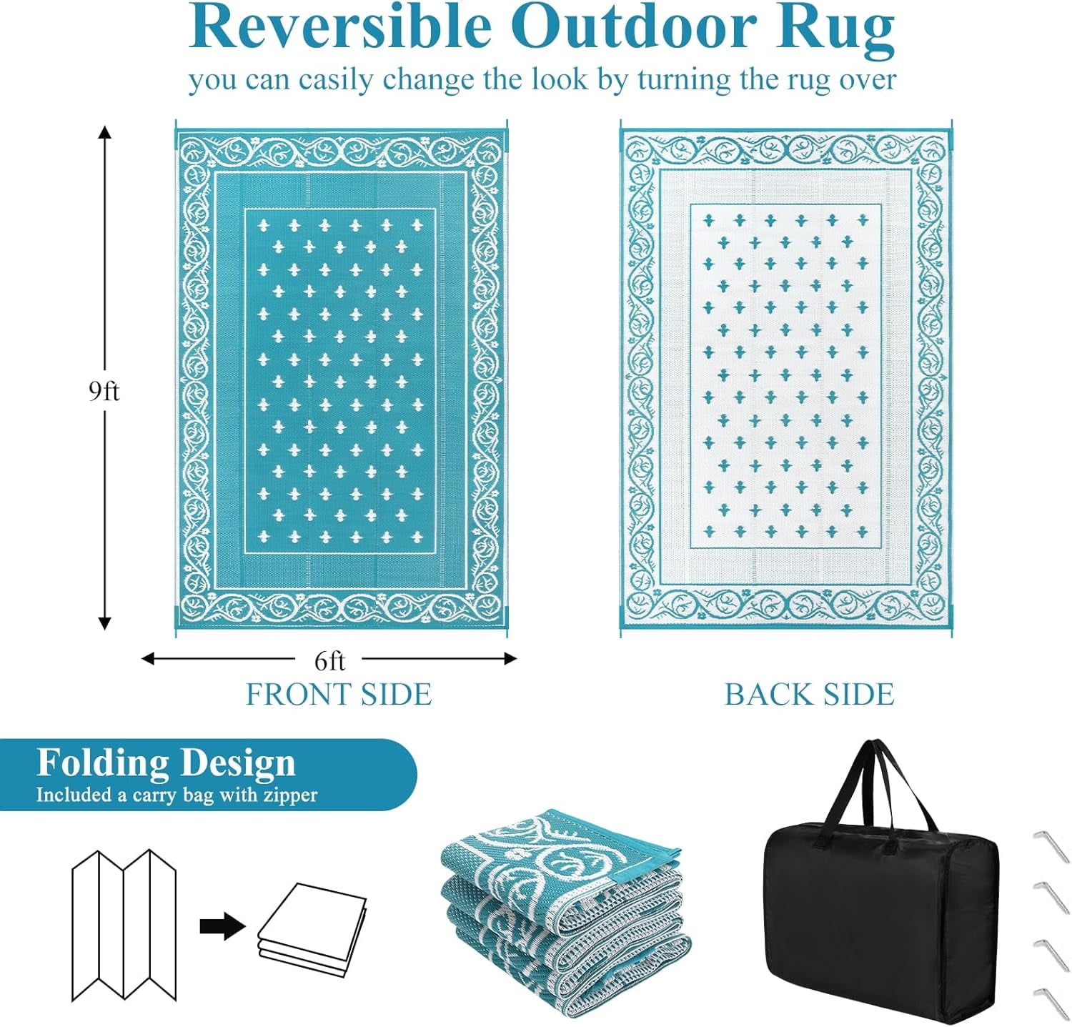 Findosom 8'x10' Teal Large Outdoor Rug Outdoor Mat RV Outdoor Rug Reversible Plastic Straw Rug Patio Rug Waterproof Foldable Portable Camping Rug for RV, Patio, Backyard, Deck, Picnic, Beach, Trailer