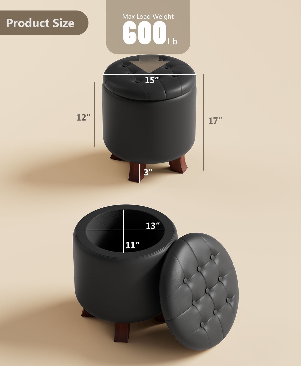 OSM Ottoman,Round Leather Foot Rest Stool, Upholstered Small Ottoman Chair with Storage for Living Room & Bedroom, Decorative Home Furniture, Black