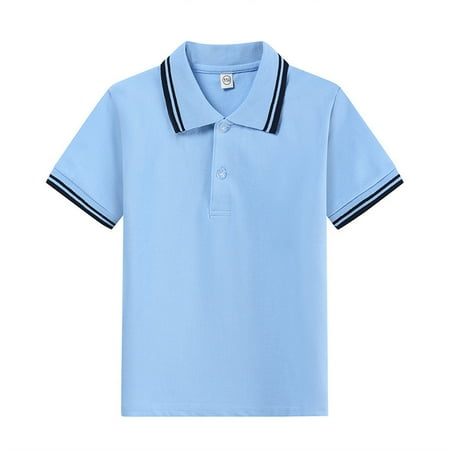 Rggeeun Teenage Boys T-Shirts Solid Color Short Sleeve Loose Fit Knit Tunic Label Collar Soft Blouse For Kids School Wear And Outdoor Relaxed Fit Tops Blue 6-7 Years