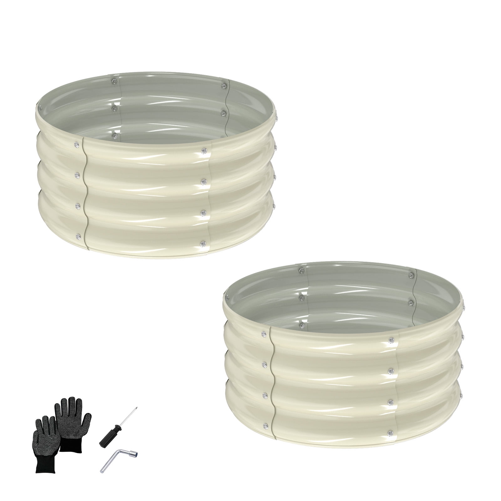 2Pcs Raised Garden Bed, Round Galvanized Outdoor Planter Box, Metal Garden Bed for Planting Vegetables Fruits Flowers, White, 2x2x1ft
