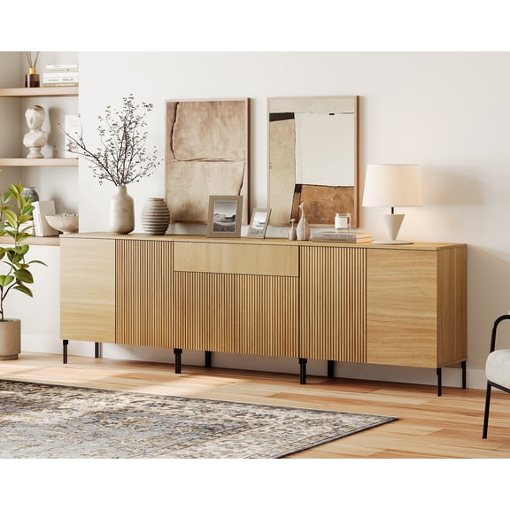 94.5" Reeded Accent Cabinet Set with Doors and Drawers, Modern Credenza Storage Cabinet with Adjustable Shelves for Living Room, Kitchen, Dining Room, Hallway