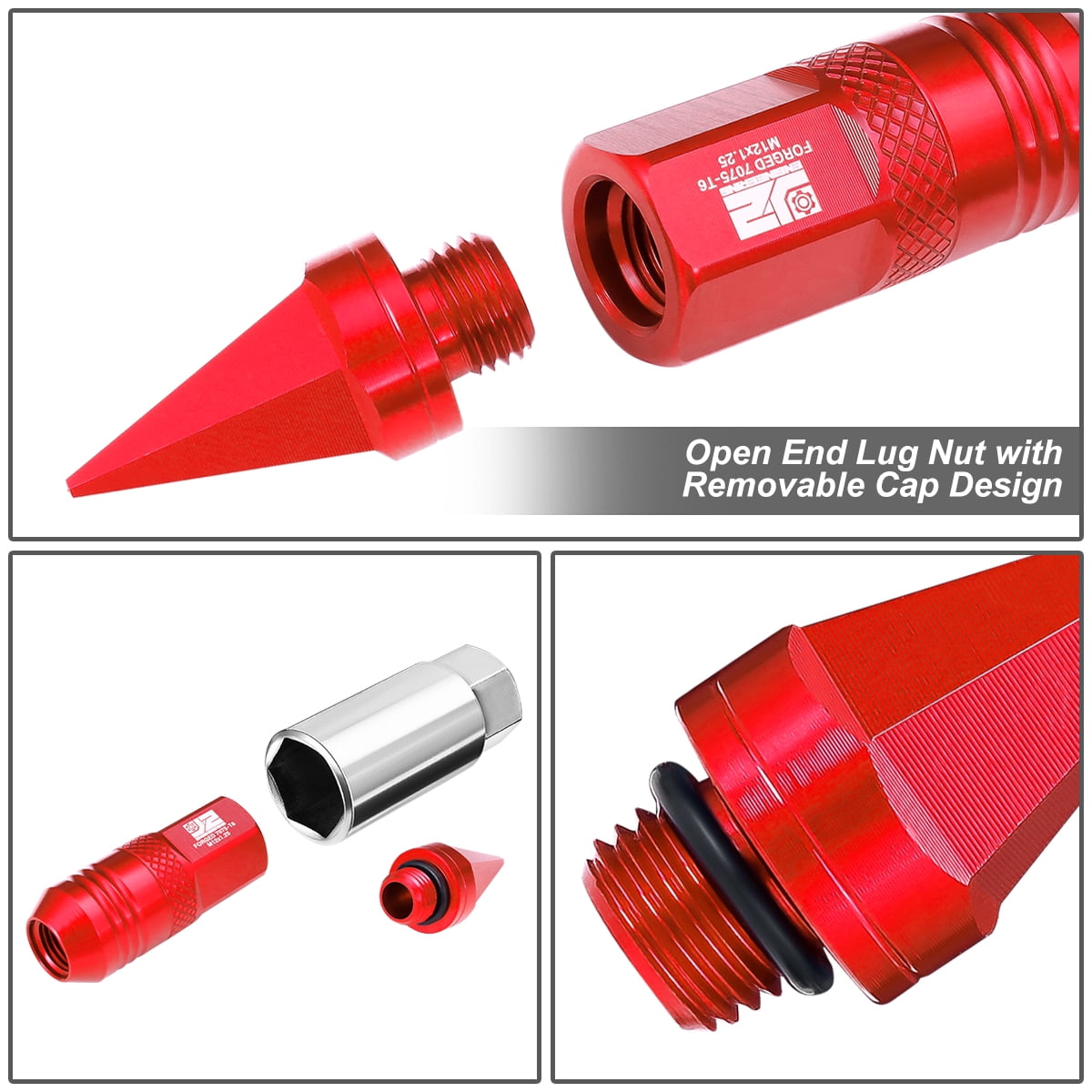 J2 Engineering 20Pcs Red M12 x 1.25 Lug Nuts Open End Aluminum Replacement with Drive Extension Adapter J2-LN-T7-029-125-RD
