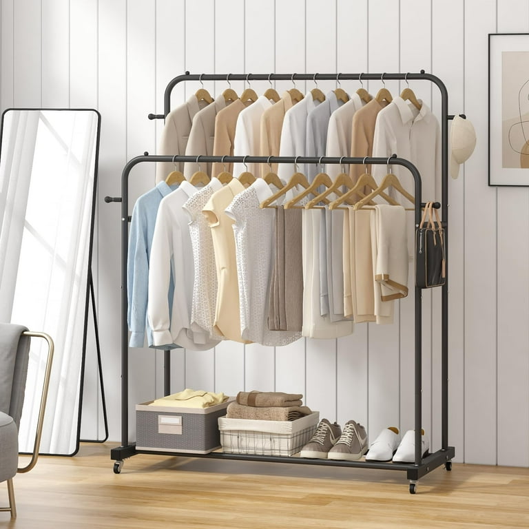 Laiensia Double Rods Garment Rack with Wheels Clothing Rack for Hanging Clothes 4 Hooks Multi functional Bedroom Clothes Rack Black C31 Walmart