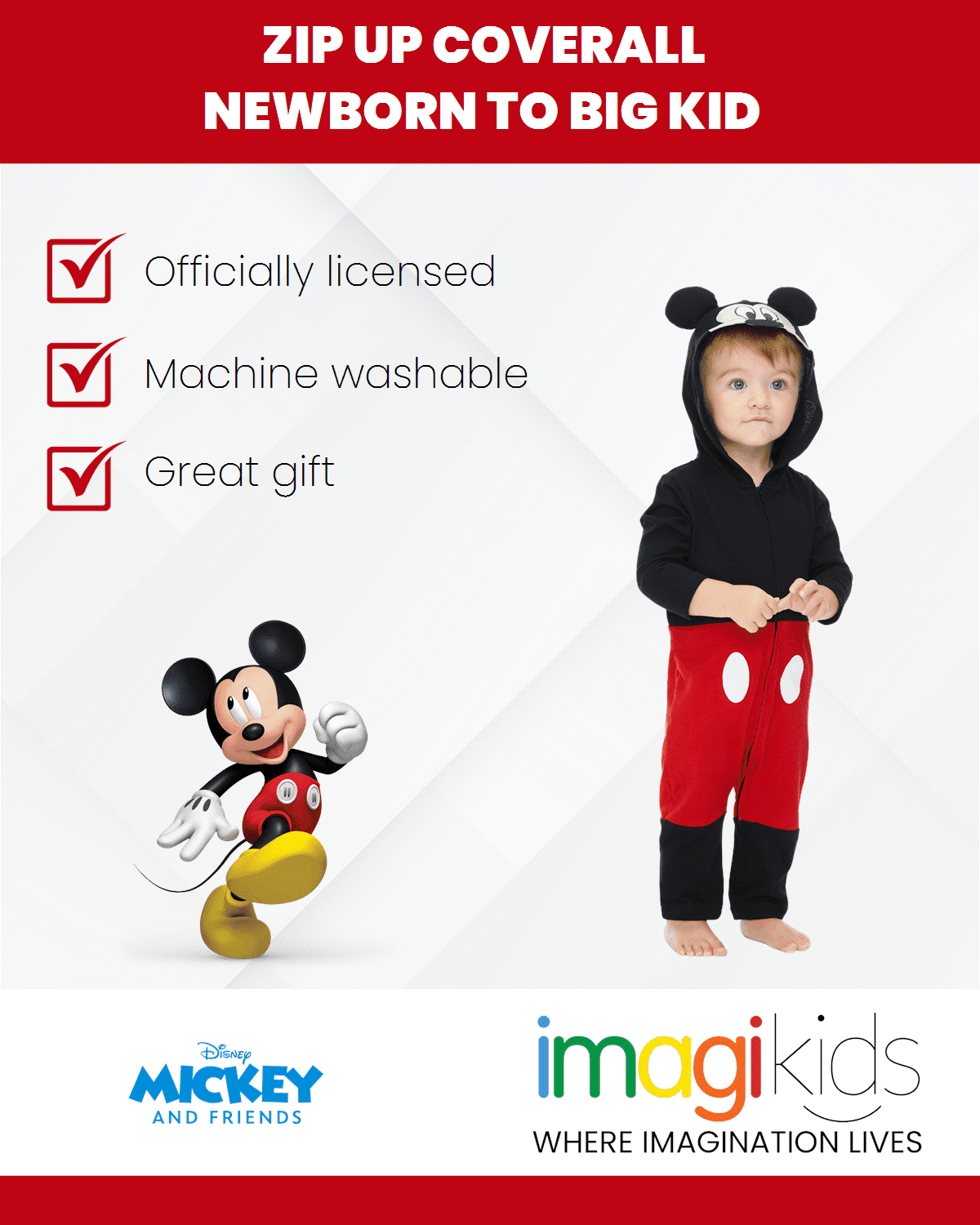 Disney Mickey Mouse Zip Up Coverall Newborn to Little Kid