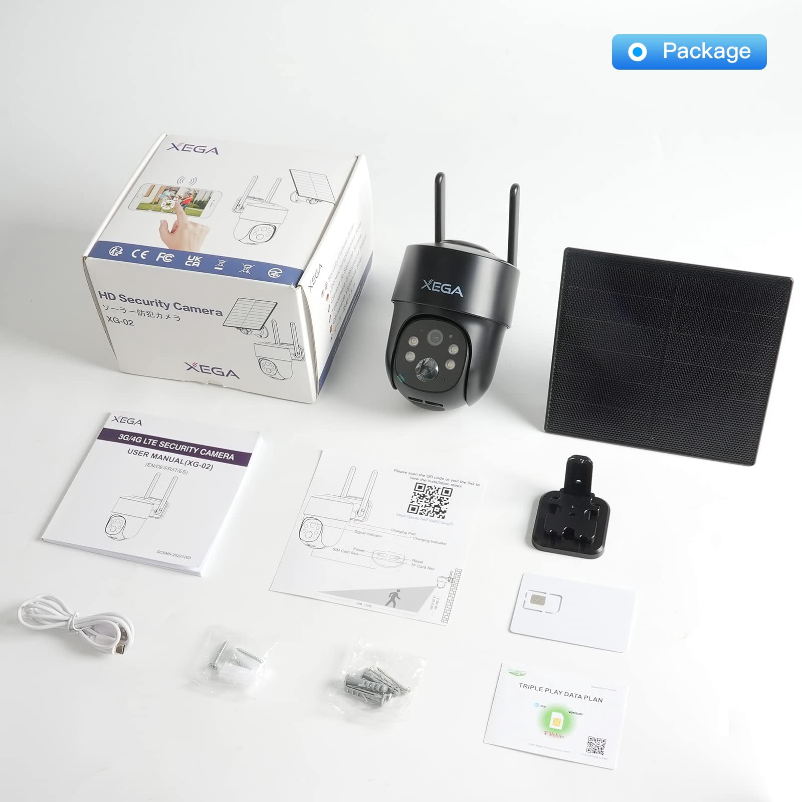 Xega XG-02-US4G-P2 2K HD 2-Channel 3MP PTZ Surveillance Camera with SIM Card, Other, 2-Pack