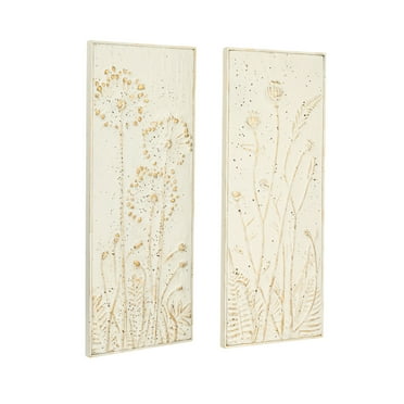 Creative Co-Op Wood and Metal Wall Décor with Flowers, White and Brown, Set of 2