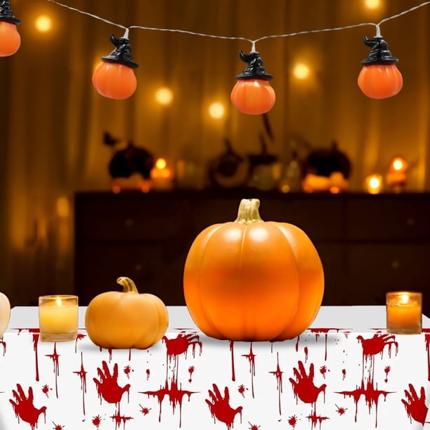 Mantel Desechable de Plástico para Halloween, Estampado con Motivos Terroríficos, Ideal para Decoración de Fiestas y Catering.