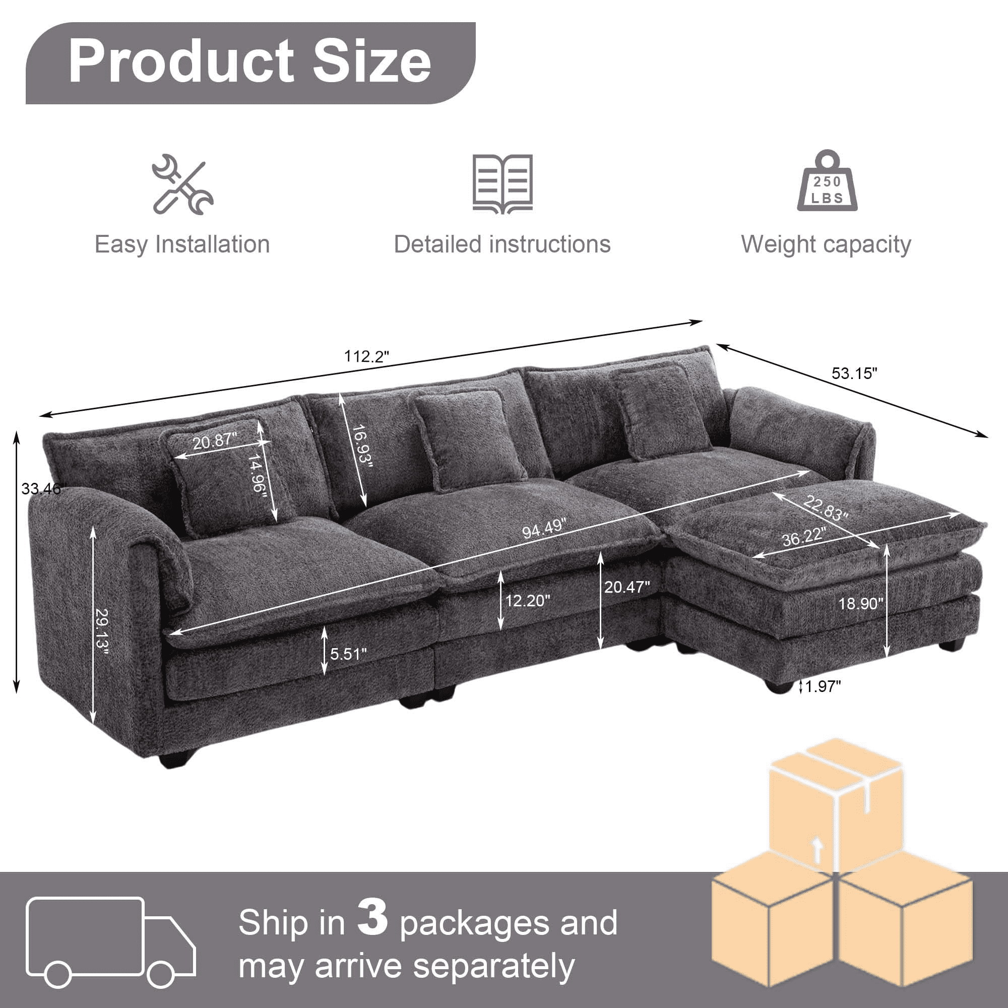 GNIXUU 112" Oversized Sectional Sofa Cloud Couch for Living Room, Modern Chenille L Shaped Couch, Comfy Boucle Modular Sofa Sleeper with Moveable Ottoman & Memory Foam (Gray)