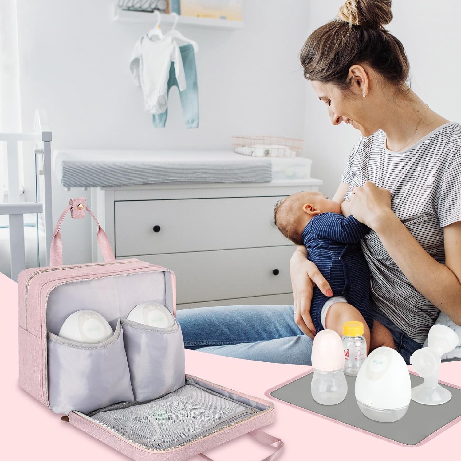 Wearable Breast Pump Bag with Insulated Cooler Compartment, Travel Carrying Case Compatible with Momcozy, Elvie and Medela Breast Pump Series, Includes Ice Pack & Waterproof Mat for Breastfeeding Acc