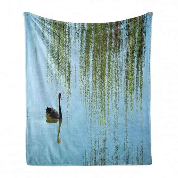 Willow Tree Soft Flannel Fleece Throw Blanket, Weeping Willow and Black Swan on the Lake in Spring Peaceful Scenery Theme, Cozy Plush for Indoor and Outdoor Use, 60" x 80", Multicolor, by Ambesonne