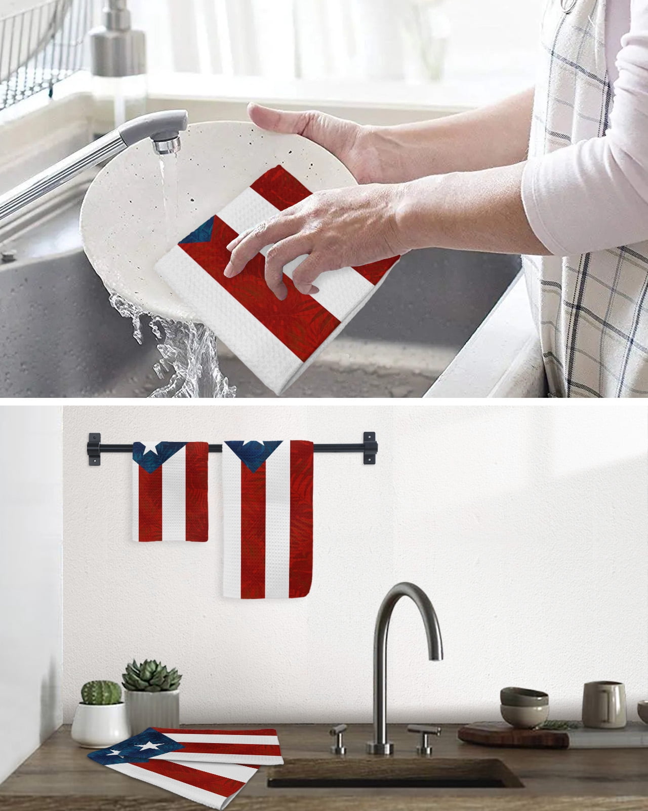 Puerto Rico Flag Kitchen Dish Towels for Drying Dishes Set of 2, Palm Leaf Botanical Red Striped Blue Star Waffle Weave Microfiber Hand Tea Bathroom Towels Quick Dry & Absorbent Towel 15.7x23.6