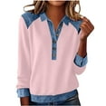 thumbnail image 3 of Kukoosong Women's Denim Patchwork Collared Long Sleeve Sweatshirt, Loose Fit Casual Pullover Tops, 3 of 8