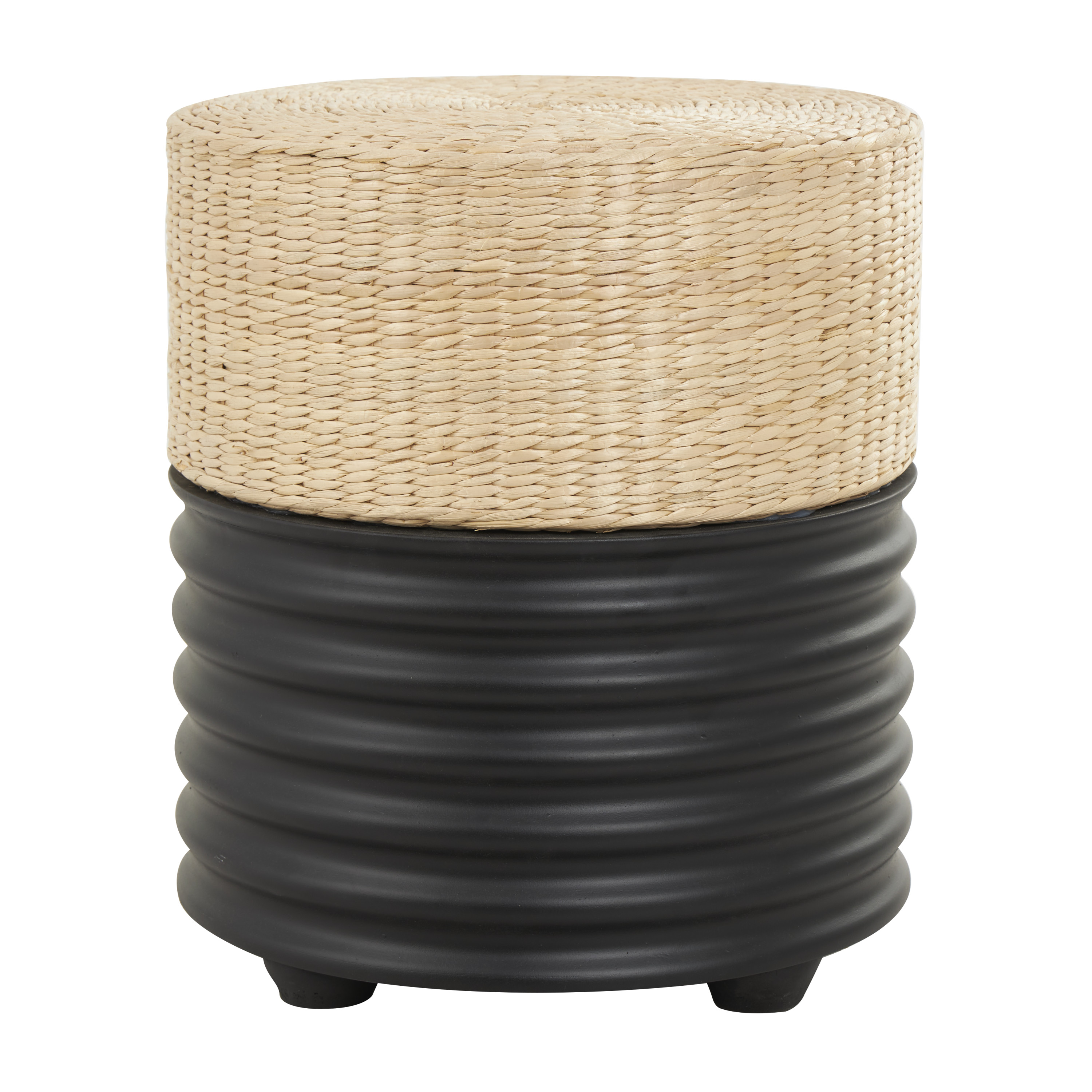 DecMode Wooden Geometric Handmade Woven Two-Toned Stool with Seagrass Top, Black