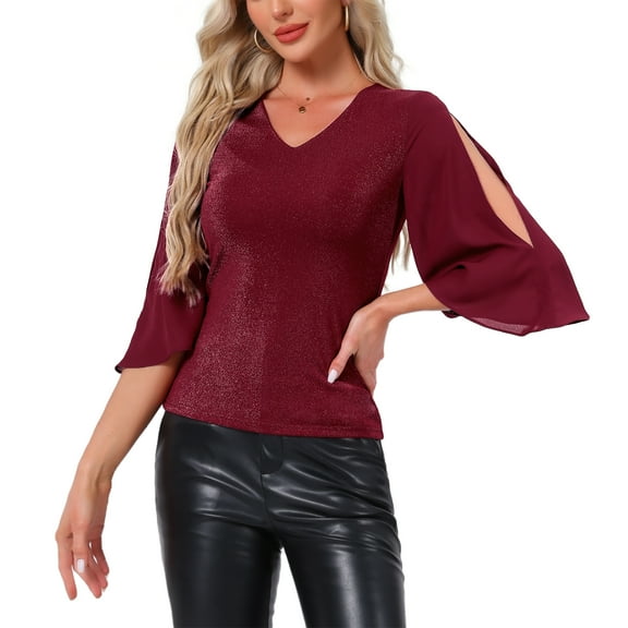 DARING DIVA Women's V Neck Glitter Sparkly 3/4 Sleeve Top XS Red