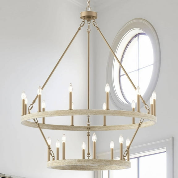 ACROMA 20-light Modern Farmhouse 40In Round Wagon Wheel Chandelier with UL French Ash Weathered, Satin Adjustable Gold, Brass, Painted Ash