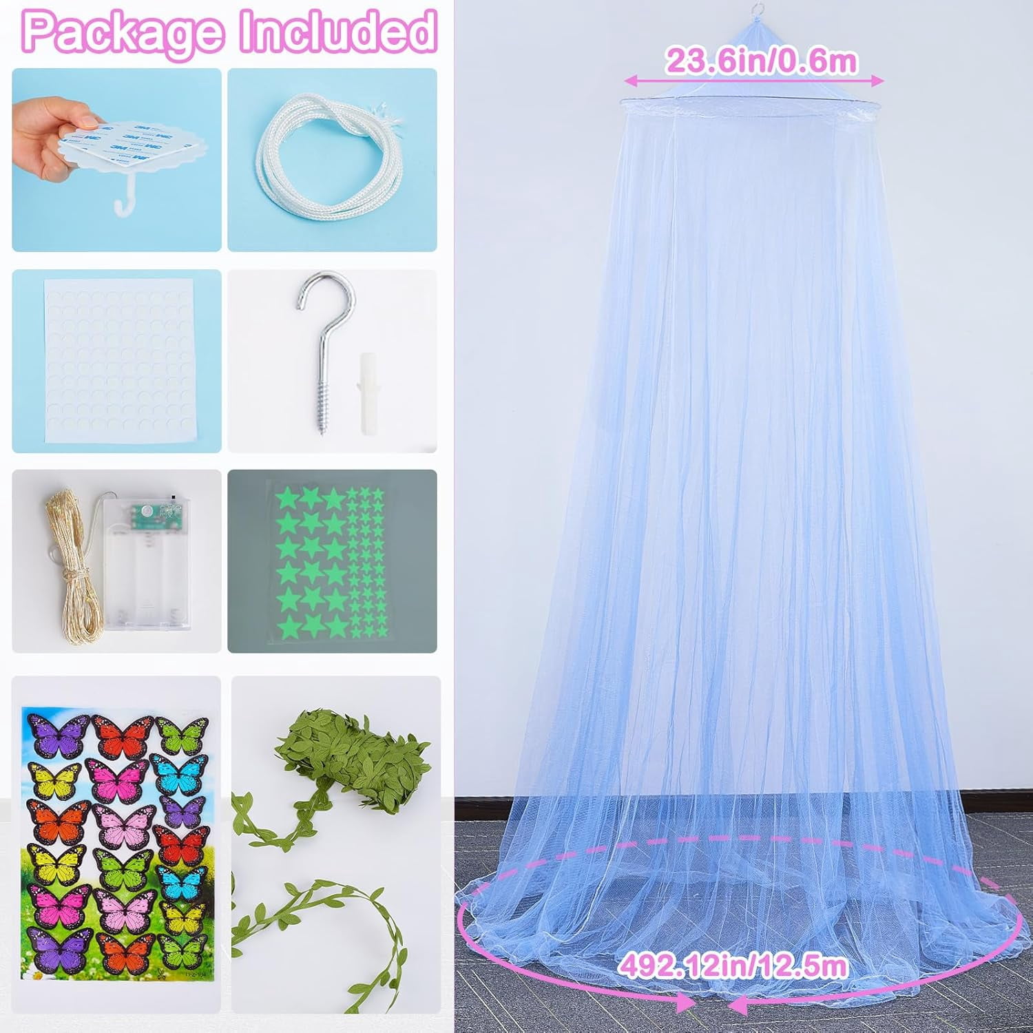 CAILDANL Bed Canopy for Girls Room Bed Canopy Curtains with Led Lights Mosquito Net DIY Princess Room Décor with Stars Butterflies for Kids Bedroom, Hot Pink
