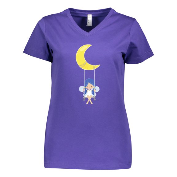 Inktastic Cute Fairy, Fairy On The Moon, Fairy On A Swing Women's V-Neck T-Shirt