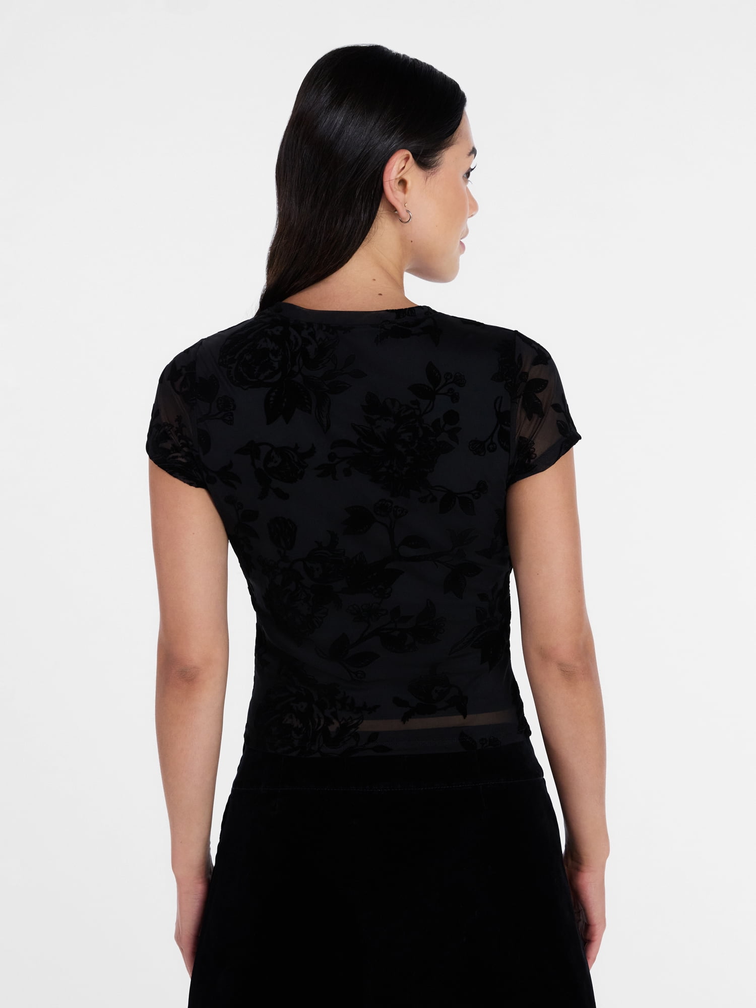 Madden NYC Women’s Flocked Floral Mesh Crewneck Tee with Short Sleeves, Sizes XXS-XXL