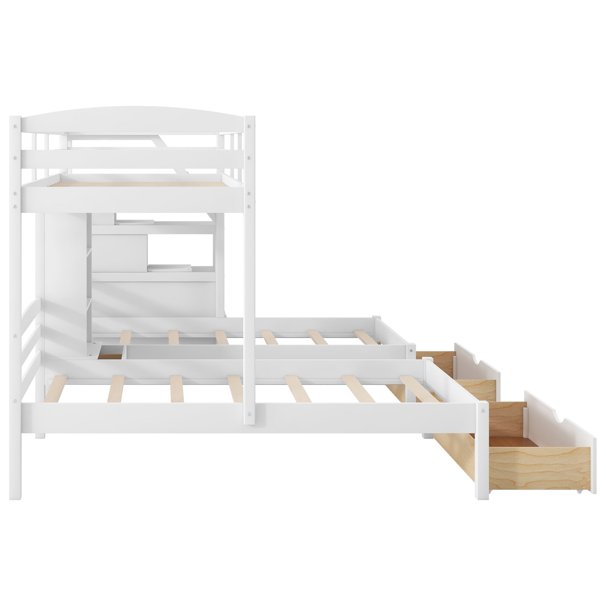 Euroco Twin over 2 Twin Bunk Bed with Staircase, 3 Beds in 1 Bunk with Drawers and Shelves, White