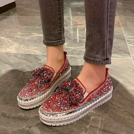 

DAETIROS Womens Shoes Flats Solid color Thick sole Stirrup Lazy Casual Rhinestones bow heightening all-round Sandals Womens Shoes Red Size 4.5