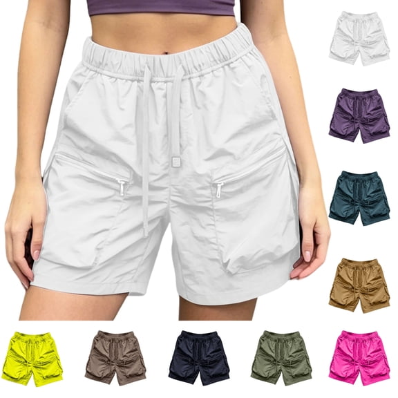 WPPGONE Cargo Shorts Women Baggy Lightweight Running Quick Dry Elastic Waisted Drawstring Straight Leg Wide Bottoms Zipper Outdoor Sports Active Shorts with Multi Pockets