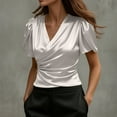 thumbnail image 2 of Ashirexll Womens Casual Tops, Solid Color Short Sleeve V-Neck Satin Spring Summer Top, 2 of 7