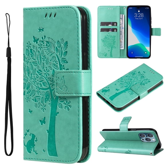 Allytechgroup Wallet Case for iPhone 16 Plus with Card Slots, Embossed Tree&Cat PU Leather and TPU Bumper Anti-Shock Drop Proof Hand Strap Case for iPhone 16 Plus, Green