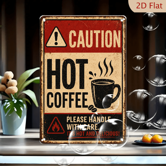 2D Flat, Caution Hot Coffee Vintage Metal Tin Sign, Funny Kitchen Coffee Bar Wall Decor, Retro Warning Plaque for Cafe Breakfast Nook Office, Gift for Coffee Lovers, 12x8 Inch