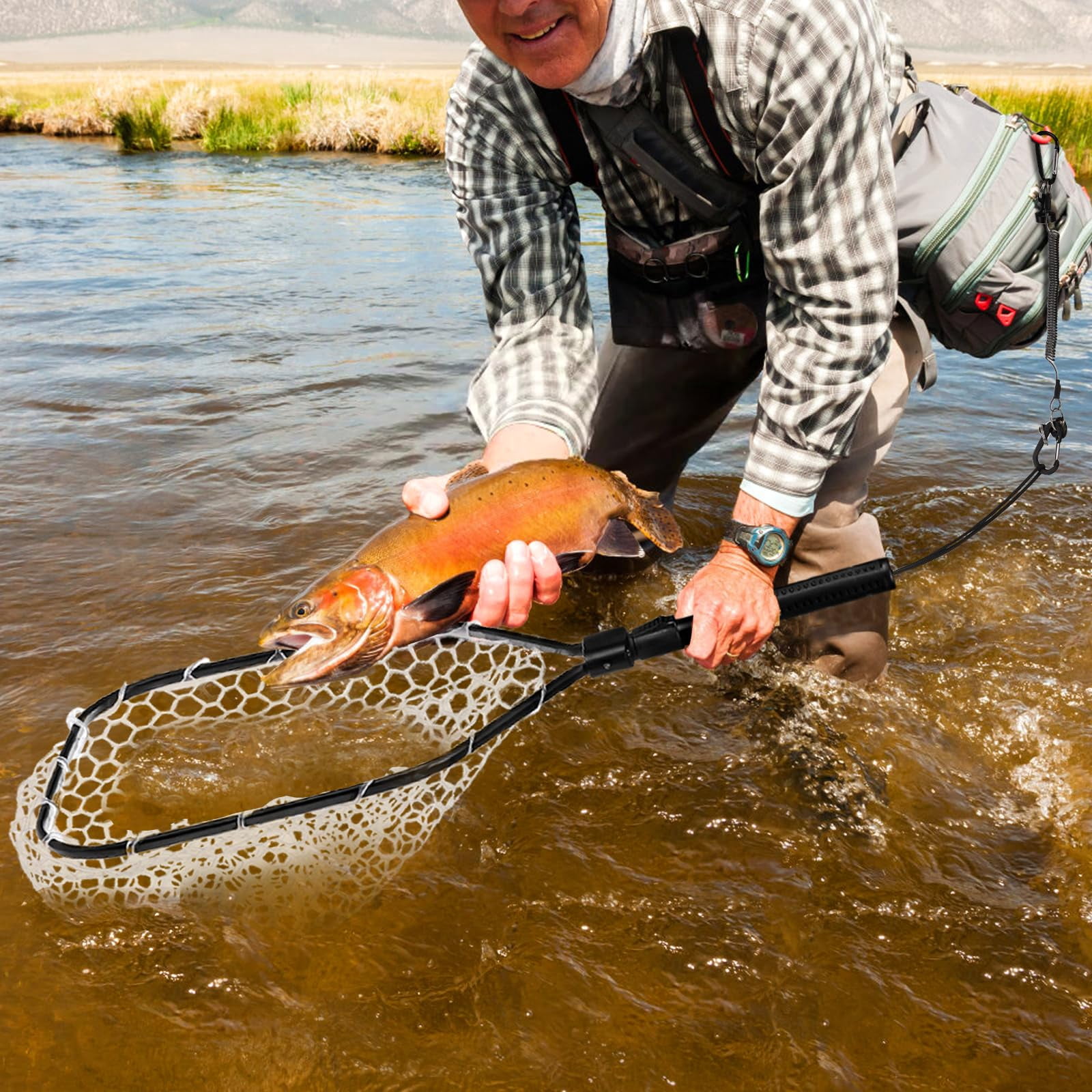 Fly Fishing Landing Net  Soft Rubber Mesh Bass Trout With Collapsible Handle And Magnetic Release Folding Catch For Freshwater Gear Accessories