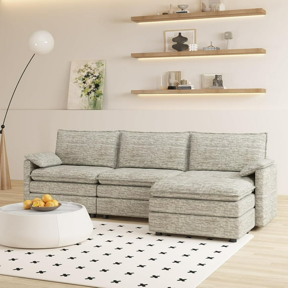 Yiwa Canapé Nuage Modulaire en Chenille, Sectionnel en L de 108 Pouces avec Ottoman, Sofa à Assise Profonde Confortable pour Appartement Ou Maison
