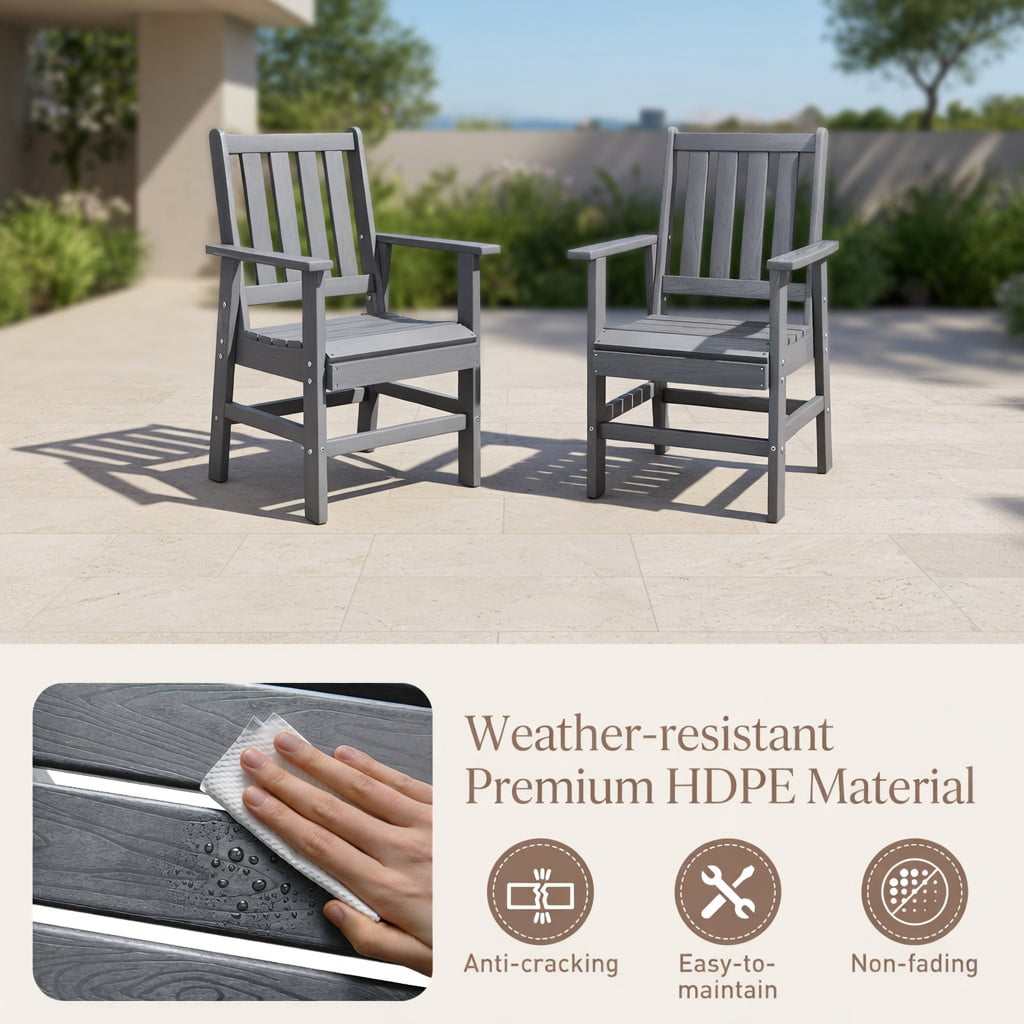 Hommoo 2-Pack Modern Patio Dining Chairs with Wide Armrests, HDPE Outdoor Chairs for Deck, Patio & Backyard, Sturdy, Weather-Resistant, Easy Assembly, Gray