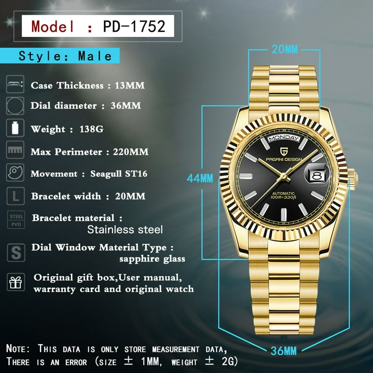 Pagani Design Men s Automatic Watches 36mm Stainless Steel Mechanical Wrist Watches Pd1752 Gold Version Size Medium