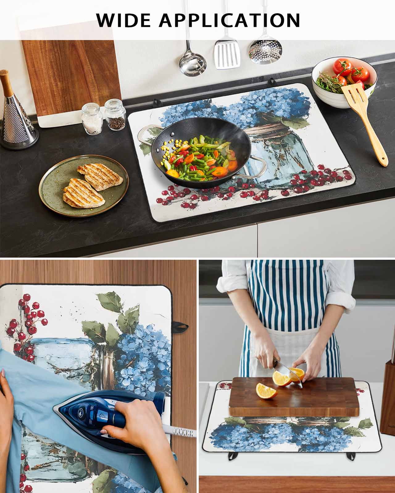 nqOlkjepod Large Induction Cooktop Protector Mat 24"x21", Vintage Flowers Stove Top Covers for Electric Stove, Bottle Hydrangeas Floral Fruit Plant Stove Burner Cover Mats, Glass Top Stove Cover