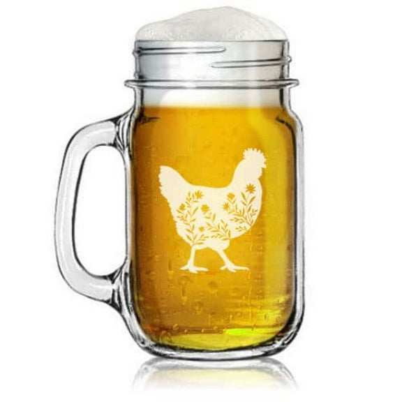 16oz Mason Jar Glass Mug w/Handle Floral Chicken