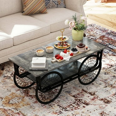 Tcbosik 2-Tier Coffee Table, Cocktail Table with Wagon Wheels Design Legs, Center Table with Storage Shelf for Home Office, Living Room, Study Room, Black