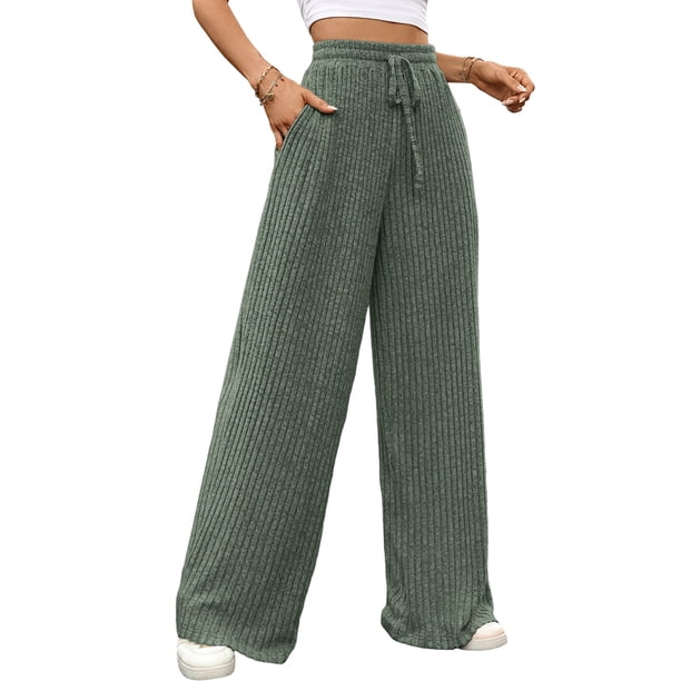 Pantalones de Pijama Holgados de Punto Suave con Bolsillos y Pernera Acanalada para Mujer con Cordón Ajustable. Verde XXL