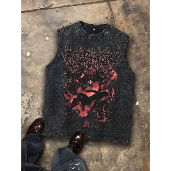 Black Oversized Gothic Graphic Tank Top - Vintage Washed Cotton, Loose Fit, Y2K Streetwear Aesthetic