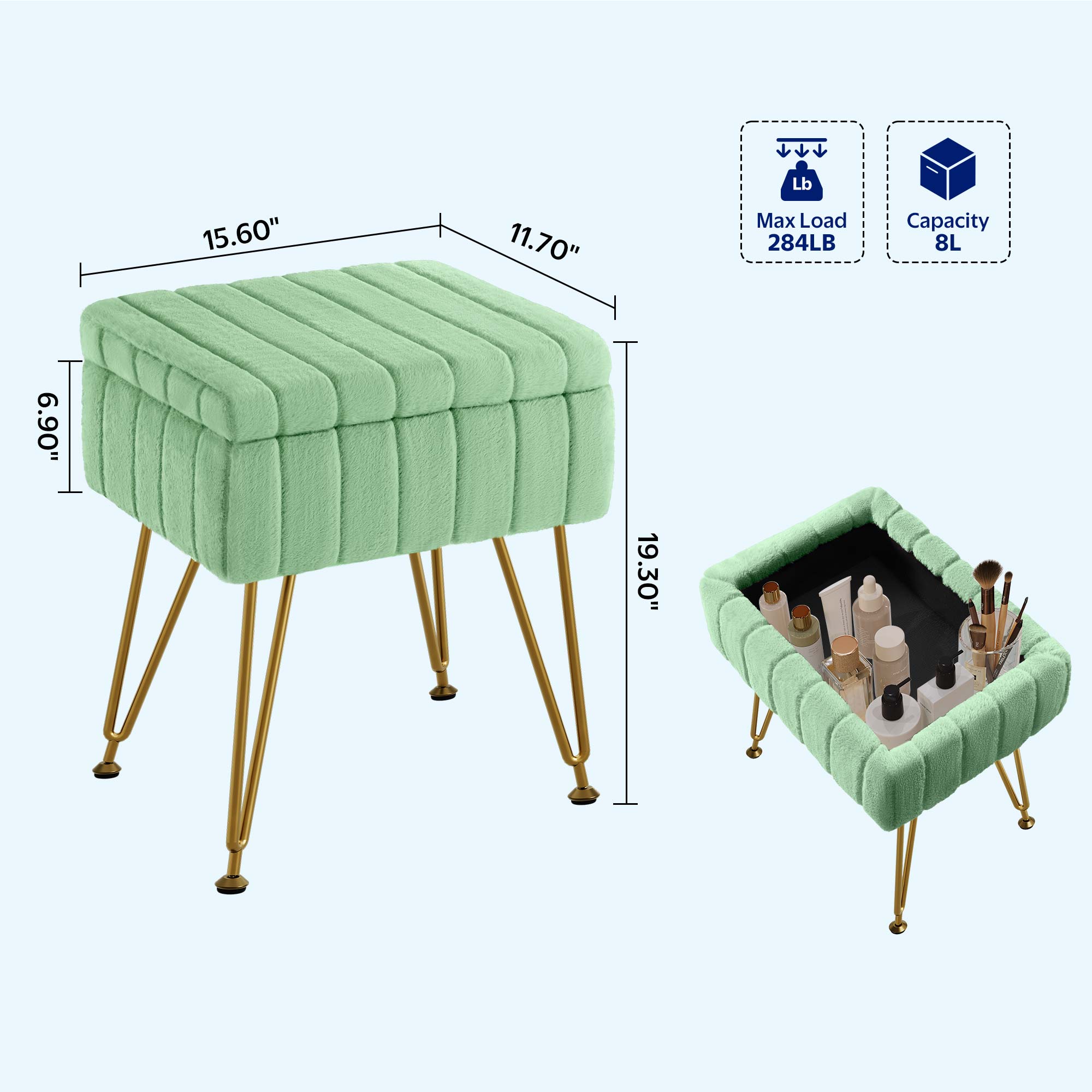 Greenstell Footstools Ottoman Bench with Storage, 15.5”L x 11.6”W x 19.2”H Vanity Faux Fur Padded Stool with Coffee Table Padded Seat and Adjustable Feet for Makeup Bedroom Entryway, Green