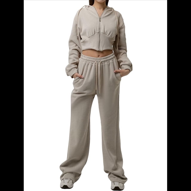 Conjunto Deportivo para Mujer: Sudadera con Capucha y Cremallera de Larga con Pantalones de Color Liso con Cordones - Conjunto de Dos Piezas Caqui XL