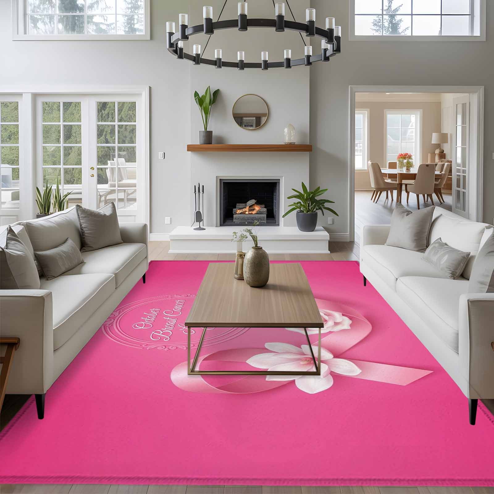 Pink Flower 8x10 Area Rug for Living Room Sectional Sofa Ribbons Caring For Breast Cancer Simple Washable Non Slip Large Rectangle Area Rug