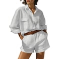 thumbnail image 2 of Womens Going out Outfits Womens Oversized Linen Outfits Long Sleeve Button Shirt High-Waist Shorts Set Summer Beach Vacation Wear White 3XL, 2 of 5