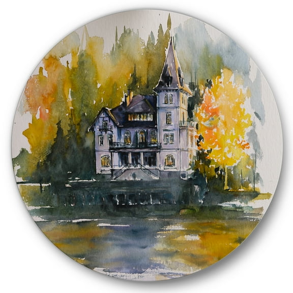 Designart 'Castle With Autumn Trees By The Lake' Lake House Circle Metal Wall Art 36x36 - Disc of 36