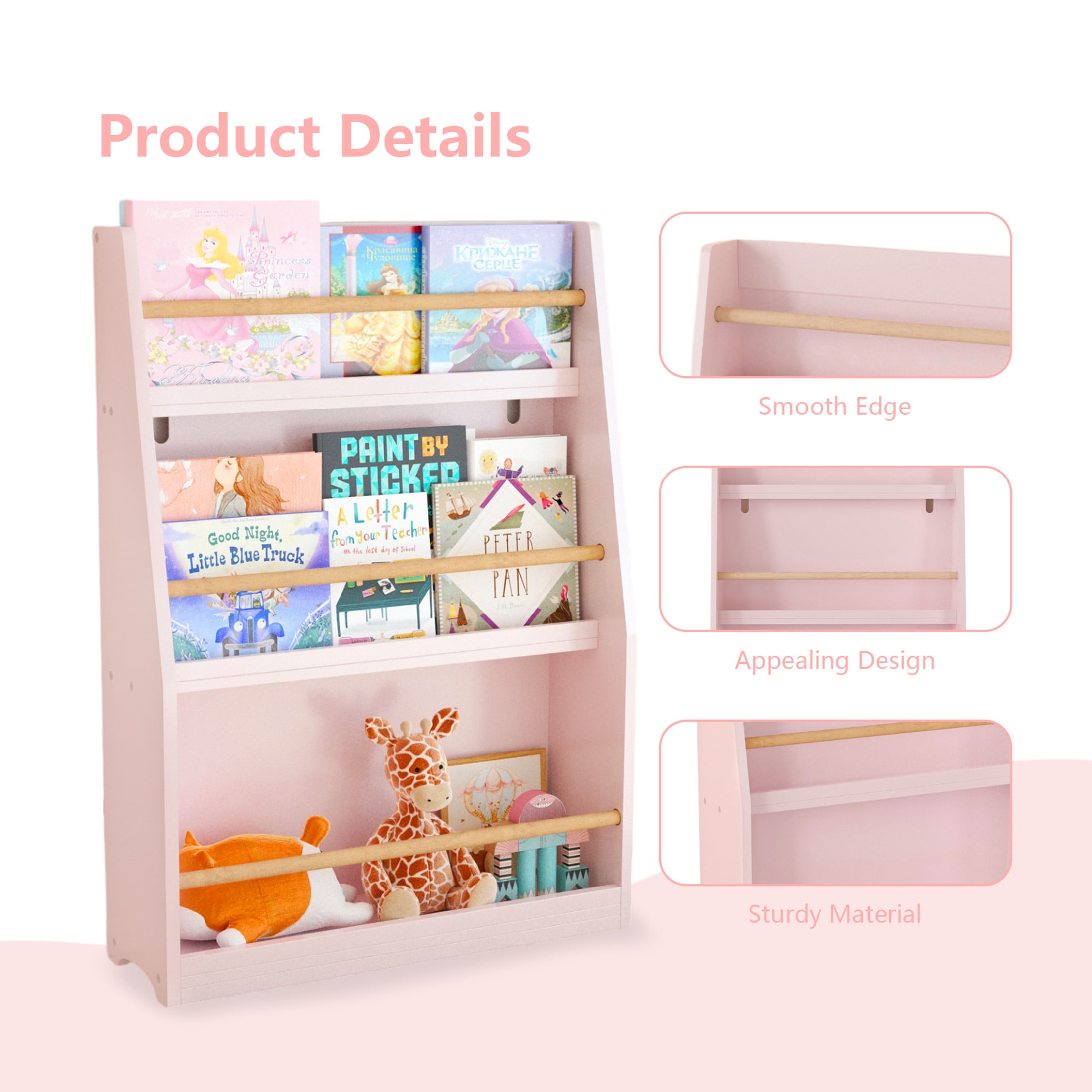 Noble House Sage 3-Tier Kids Book Shelf, Front-Facing Toddler Book Rack for Bedroom, Playroom or Nursery, Pink