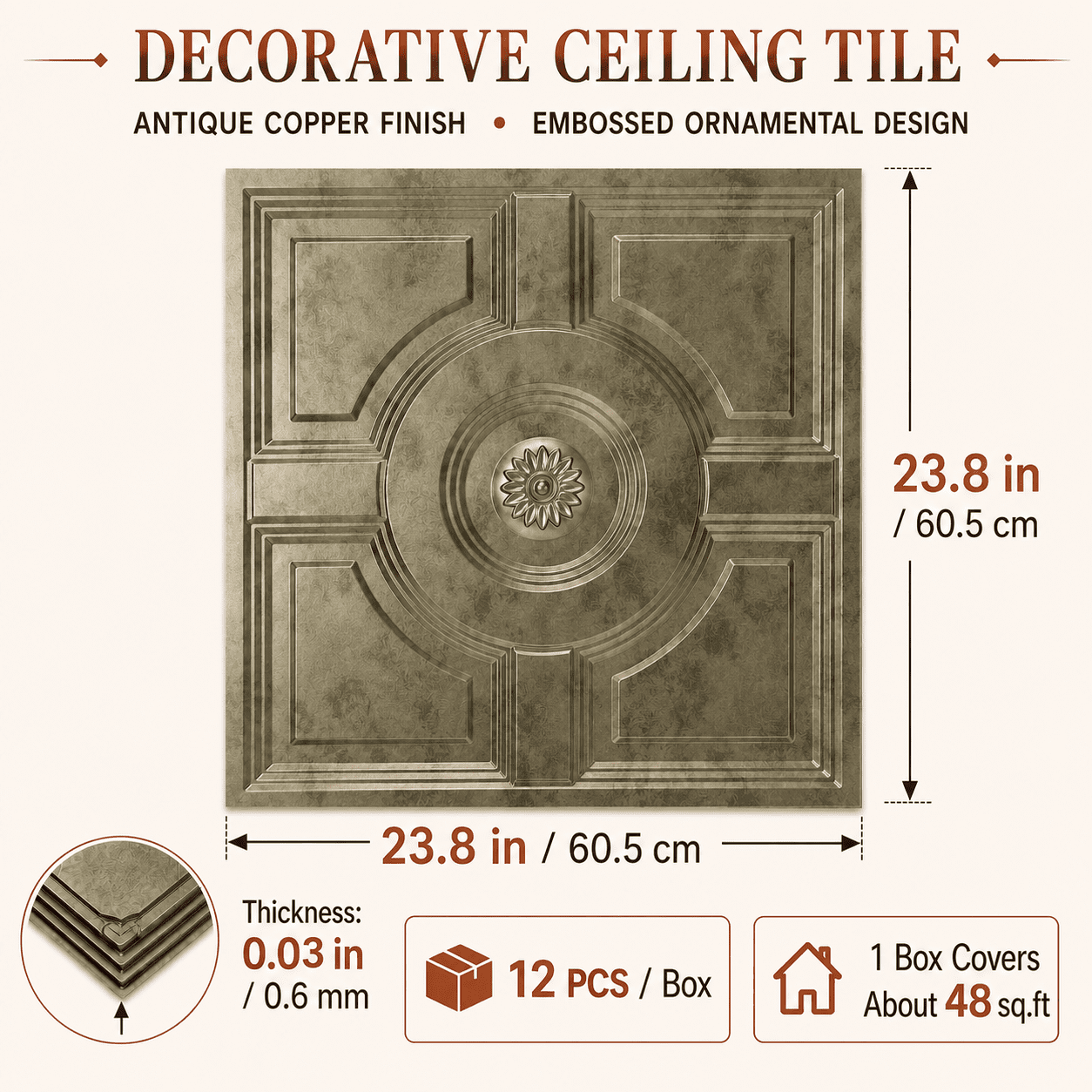 Yeslife 12-Pack Decorative Tiles, 2 x 2 ft, Antique Gold Embossed, Waterproof Drop-in Panels for Ceiling, 48 sq ft